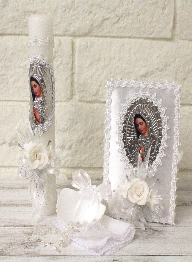 Ooki Elegant Handmade 5 Piece Our Lady Guadalupe Virgin Mary Foil Picture Lace Baptism Christening Shells Candle Set Favors Girl Boy White Set de Bautizo Espanol Nina Nino Communion Lace Gift Box - Image 3
